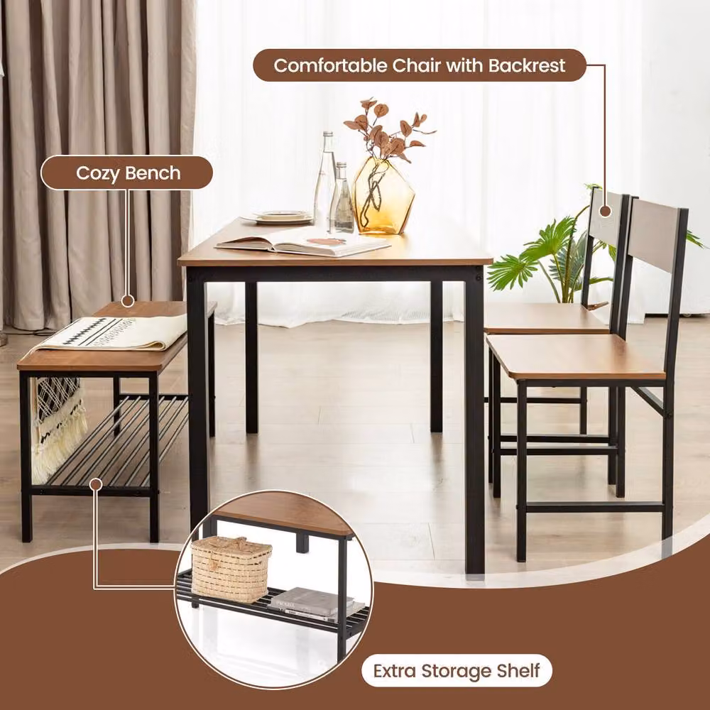 Costway 4-Piece Industrial Dining Table Set with Bench and Chairs in Brown – 6