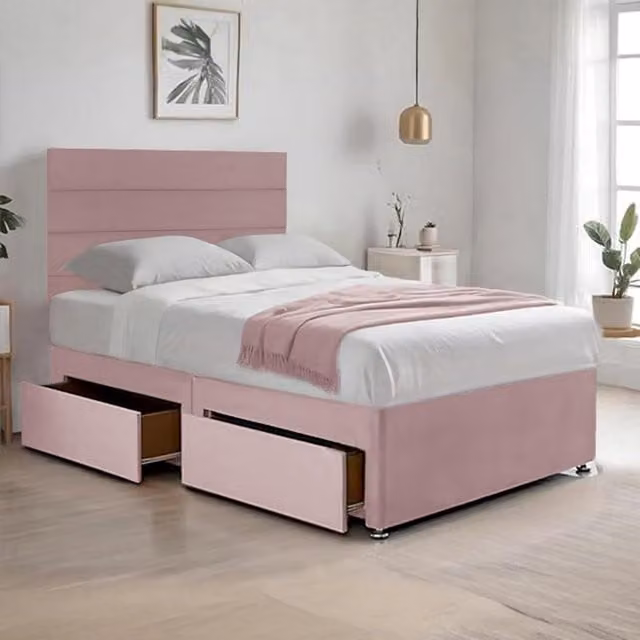 Bed Time UK Cosy Plush Pink Velvet Divan Bed with Hybrid Mattress, Drawers and 20 inch Headboard, W/D/H: 180 x 200 cm
