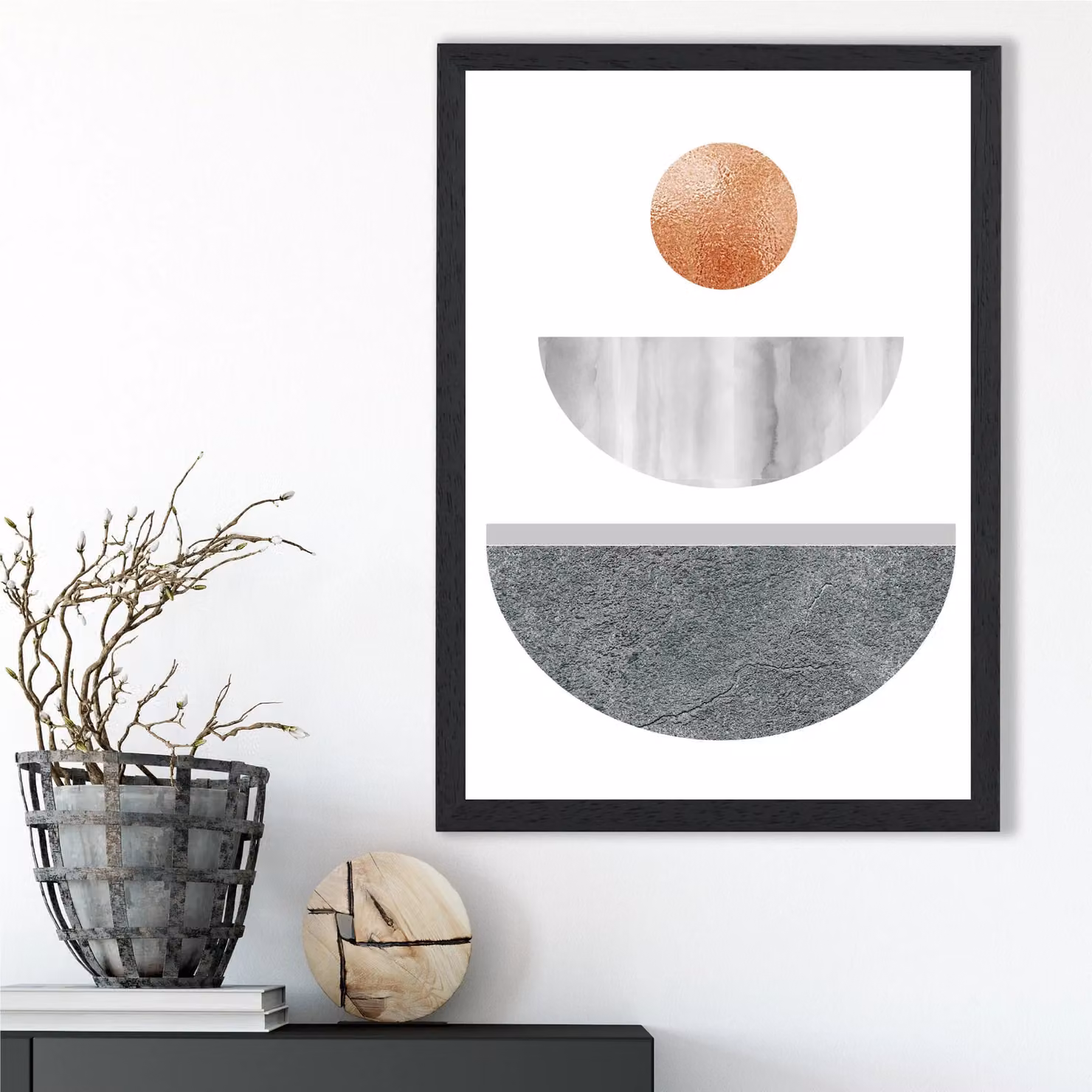 ARTZE Grey and Copper Circles Mid Century Geometric Abstract Framed Print with Black Frame – 2