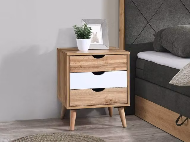 Vente-unique LURVIA Bedside Table with 3 Drawers in Light Oak and White