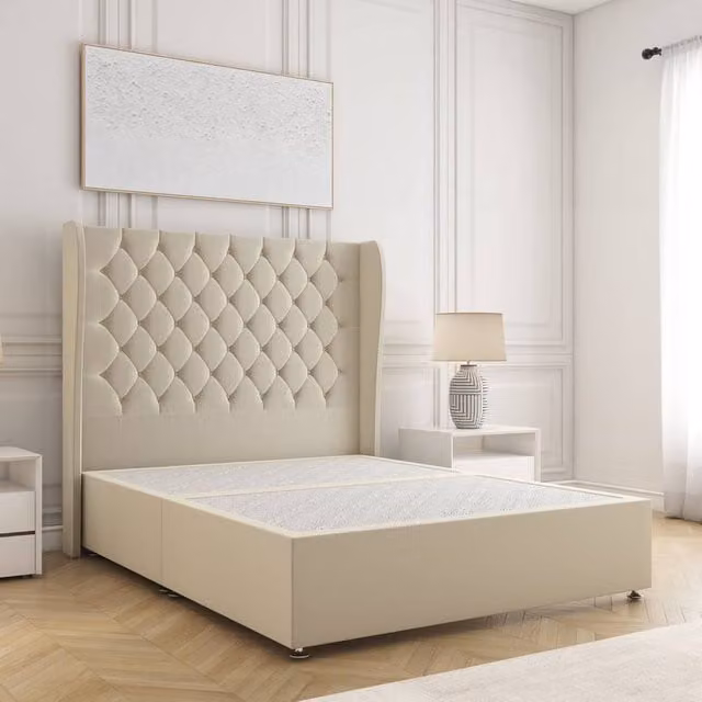 BSSPOKE Amelia Divan Bed Set with 54 inch Plush Velvet Headboard in Cream, W/D/H: 90 x 190 cm