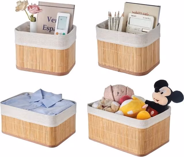 Eden & Willow Set of 4 Brown Bamboo Open Weave Storage Baskets with Fabric Lining
