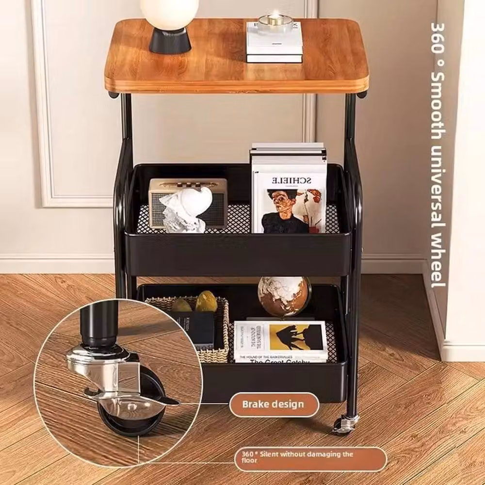 VOGREX 3-Tier Rolling Utility Cart with Wood Tabletop in Multicolour – 5