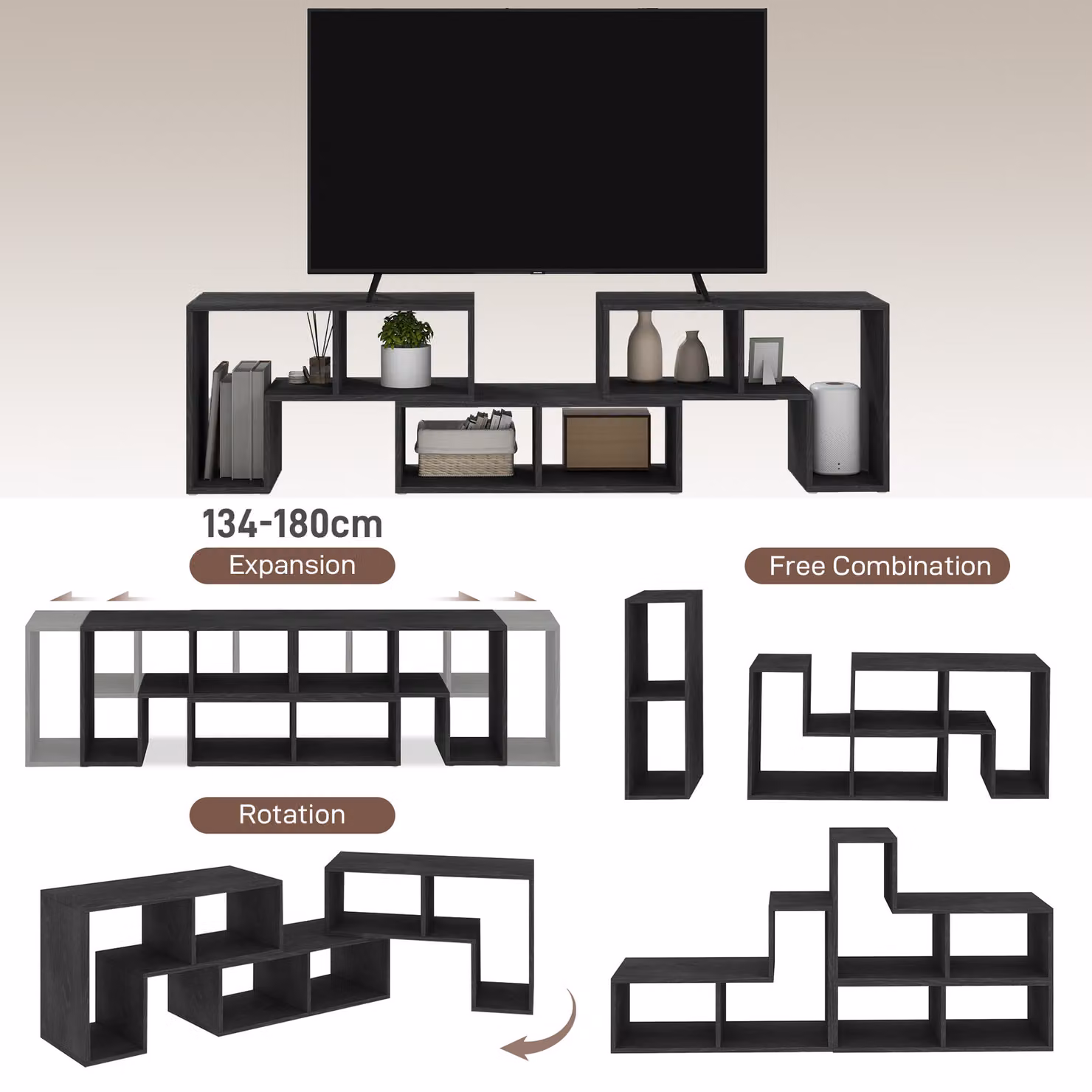 HOMCOM Extendable Black TV Stand for TVs Up to 75 Inches with Storage Shelves and Adjustable Height – 4