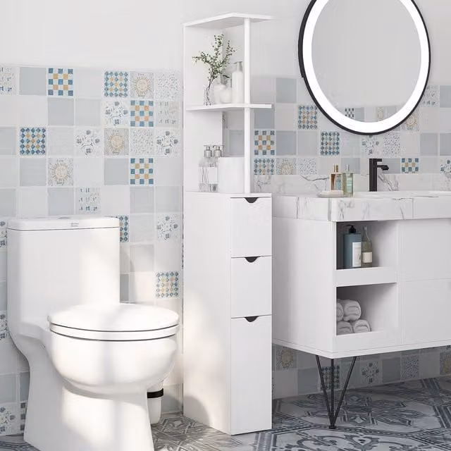 HOMCOM Modern Tall White Bathroom Storage Cabinet with Drawers