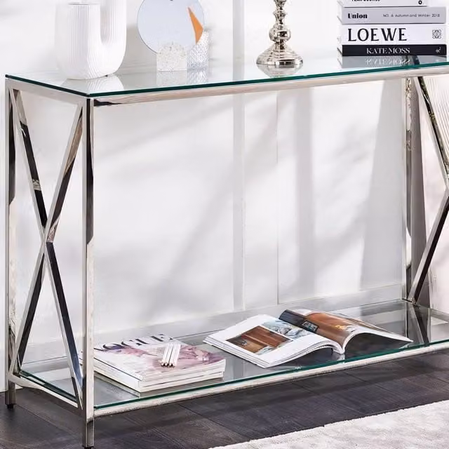 Wyld and Coco Modern Console Table with Transparent Glass Top and Polished Silver X-Frame, W/D/H: 120 x 40 x 76 cm – 1