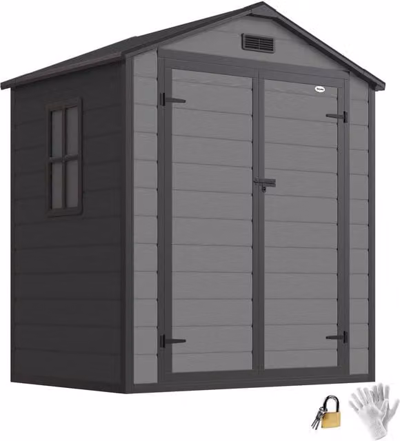 OUTSUNNY Plastic Garden Shed with Lockable Double Doors, Dark Grey, W: 182.88 cm, D: 134.0 cm, H: 210.0 cm