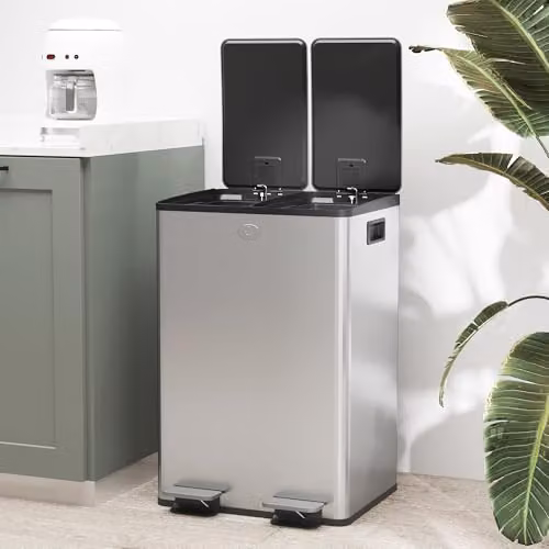 HOMCOM Dual Kitchen Pedal Bin with Soft Close Lids and Odour Filter, 2 x 28L, Silver Stainless Steel – 7