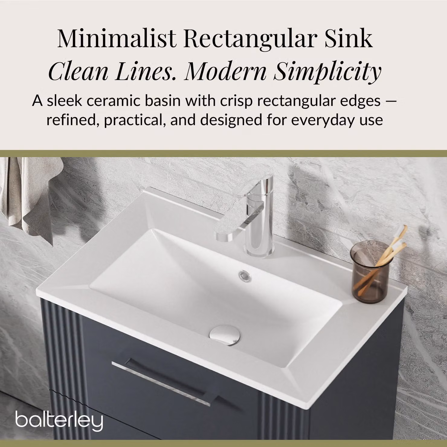 Balterley Wall Hung 2 Drawer Vanity Unit with Minimalist Basin, Satin Dark Grey, Width: 60 cm – 3