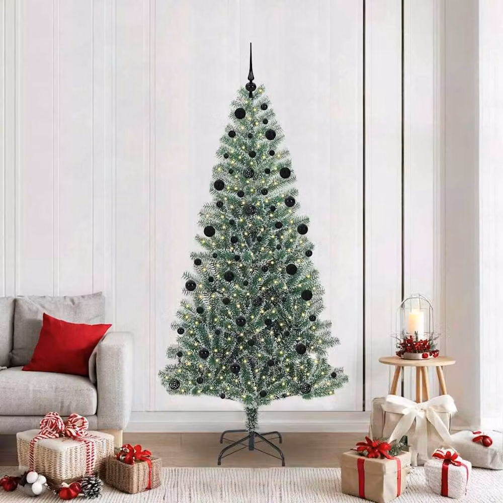 Berkfield Home Snow Flocked Artificial Christmas Tree with LED Lights, Green and White, H 210 cm, W 110 cm, D 110 cm – 2