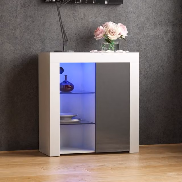 Vida Designs Azura Modern 1 Door LED Sideboard in White and Grey with Glass Details, Width: 75 cm