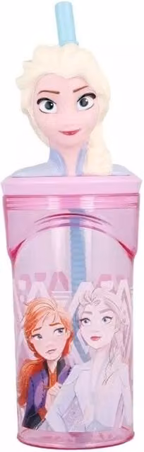 Frozen Elements 3D Figurine Glass Tumbler with Straw, Pink, 360ml