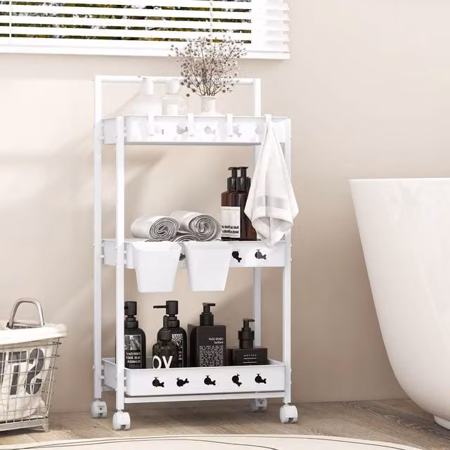Costway 3-Tier Rolling Storage Cart with 2 Hanging Cups, White – 1
