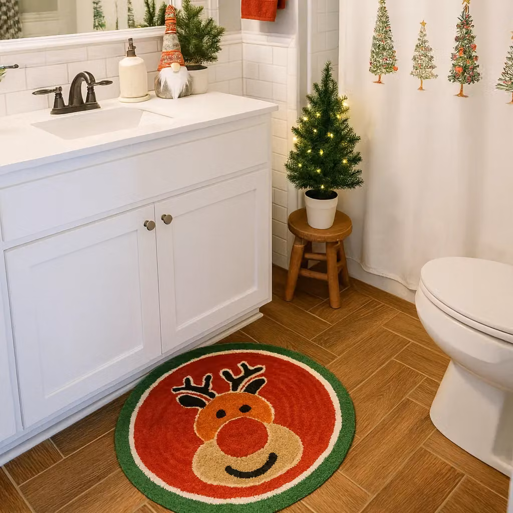 Mooky Mats Christmas Tufted Rudolph Round Bath Mat in Red and Green, Diameter: 65 cm – 4