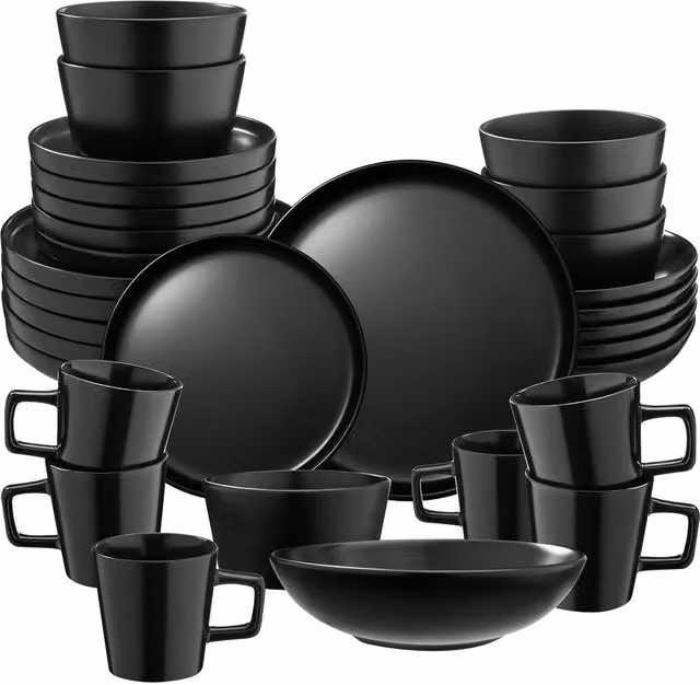 tectake 30-Piece Black Stoneware Dinnerware Set for 6 People, Microwave and Dishwasher Safe – 9