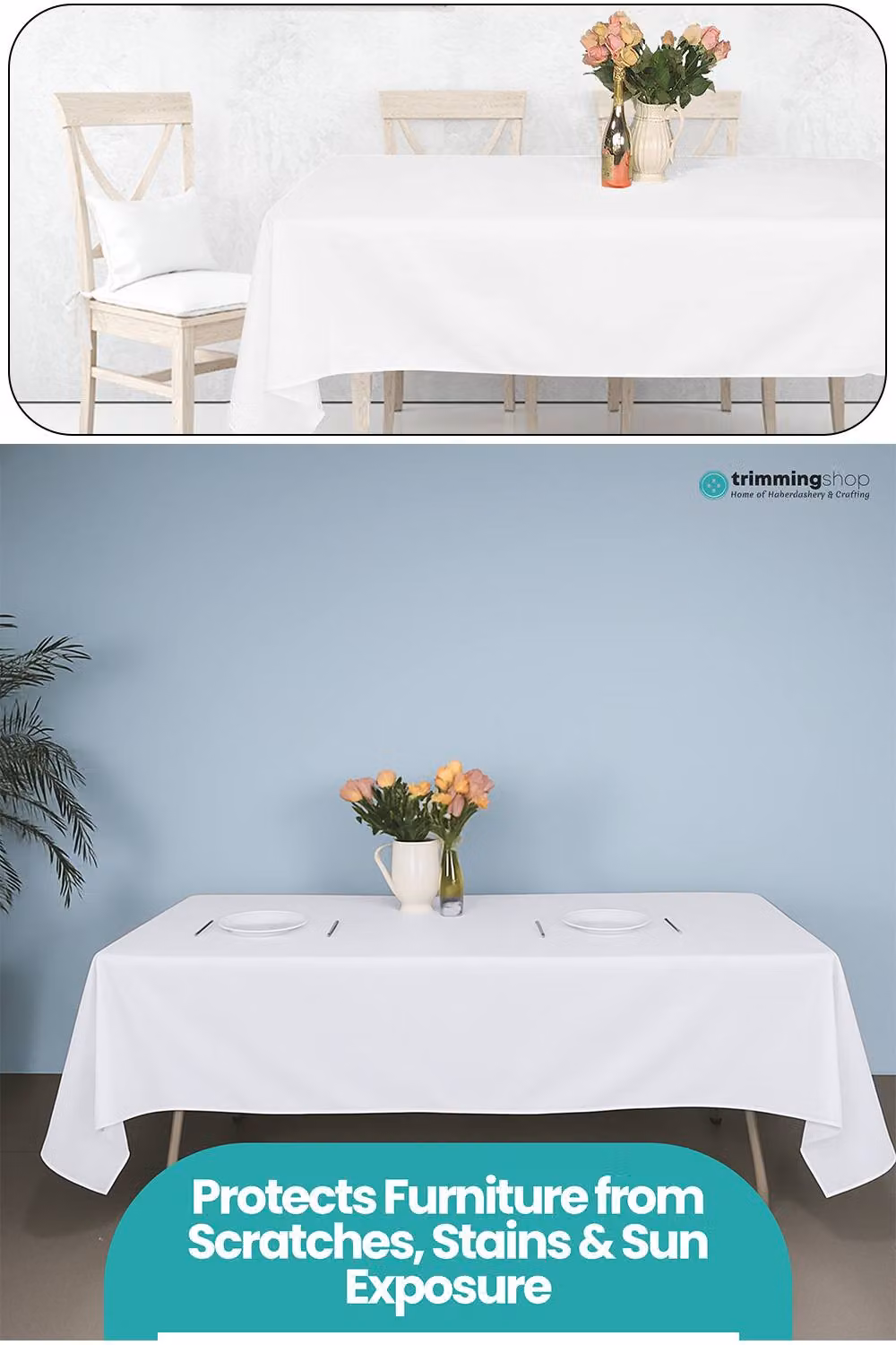 Neel Blue 10-Piece Rectangular Polyester and Linen Tablecloth Set in White, W: 228.6 cm x L: 396.24 cm – 2