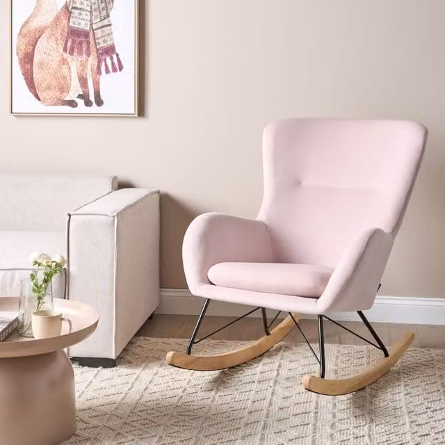 Wyld and Coco Pink Velvet Shell Rocking Chair with Armrests and Rubberwood Frame – 1