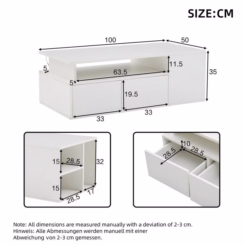 VOGREX White Glossy LED Coffee Table with 2 Storage Drawers and App-Controlled Lights – 2