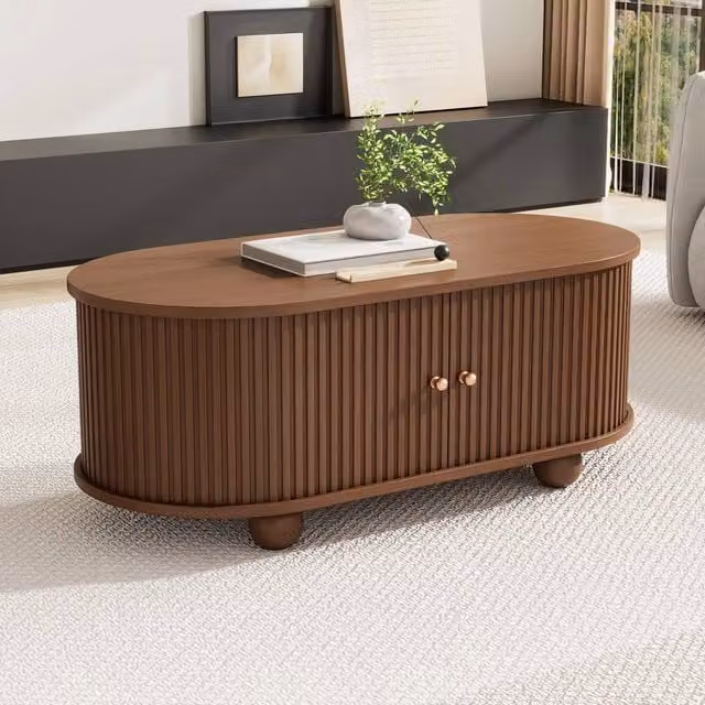 STILVORA Oval Coffee Table with 2 Sliding Doors, Brown Oak