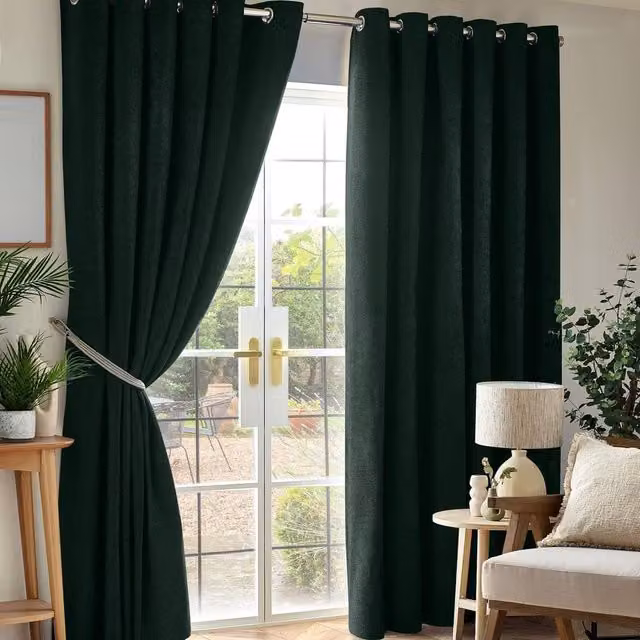 Luxury Living Green Chenille Blackout Eyelet Curtains, Thermal Triple Weave Pair, Width: 168 cm, Drop: 229 cm – 1