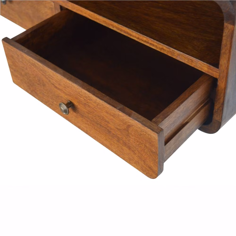 STILVORA Mid-Century Wall-Mounted Mango Wood Bedside Table with 2 Drawers and Shelf in Brown – 3
