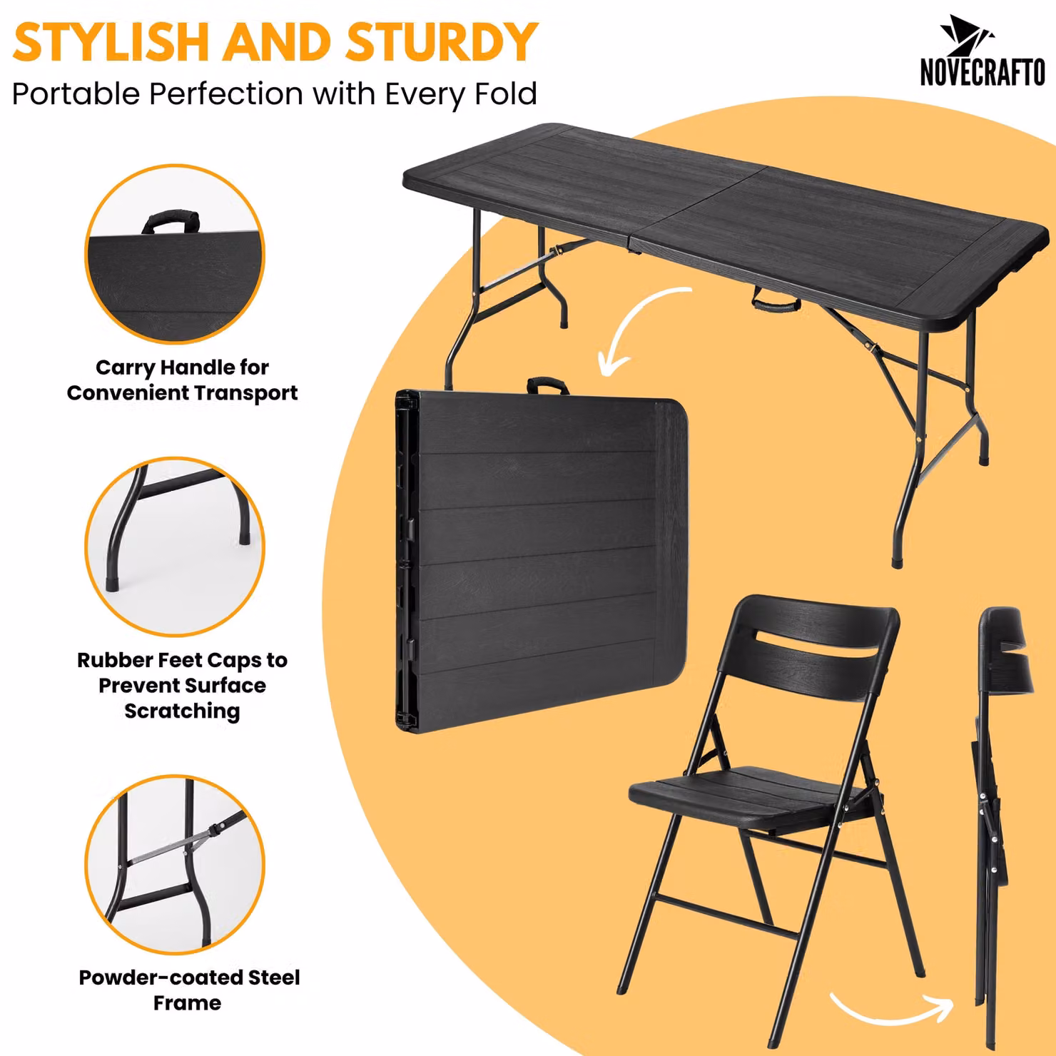 Novecrafto 6ft Folding Table and 6 Folding Chairs Set in Black with Wood Grain Pattern and Steel Frames – 2