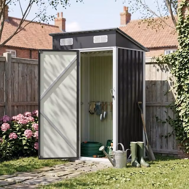 Breeins Metal Garden Storage Shed with Lockable Door, Anthracite and White, W/D/H: 121.92 x 91.44 x 91.44 cm