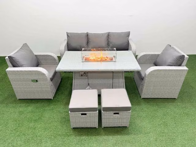 Fimous PE Rattan Garden Furniture Set in Light Grey with Reclining Chairs, Sofa, Firepit Dining Table and 2 Small Stools