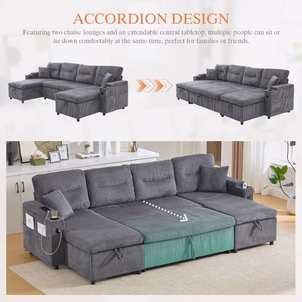 Rolipo Grey 4-Seater Fabric U-Shape Sofa Bed with Dual Chaise, Storage and USB Charging – 3