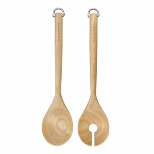 KitchenAid 2 Piece Birchwood Salad Servers, Fork and Spoon with Hanging Loop in Brown – 1
