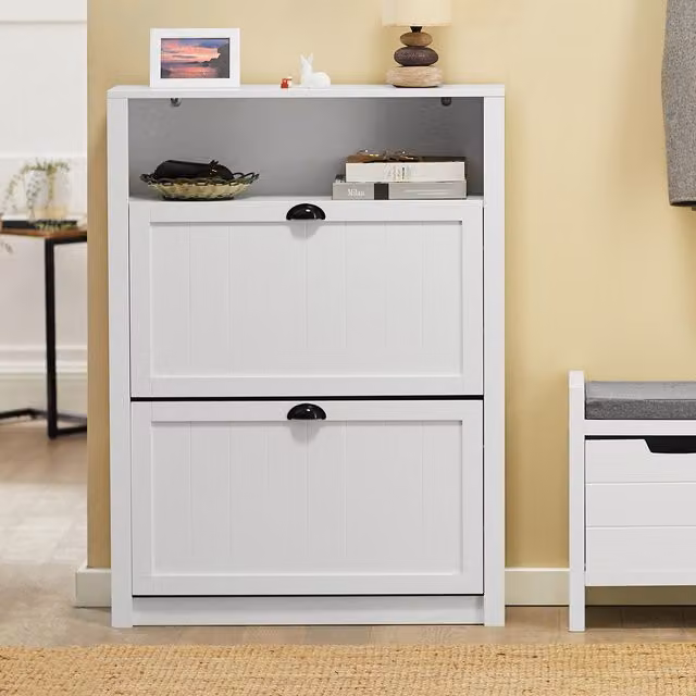 SoBuy Modern White Shoe Cabinet with Tilting Compartments and Internal Drawers, W/D/H: 80 x 24 x 110 cm