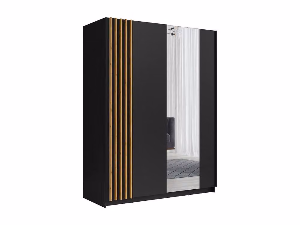 Vente-unique 2-Door Sliding Wardrobe with Mirror in Black and Natural, W: 150.6 cm, H: 198.5 cm, D: 62 cm – 2