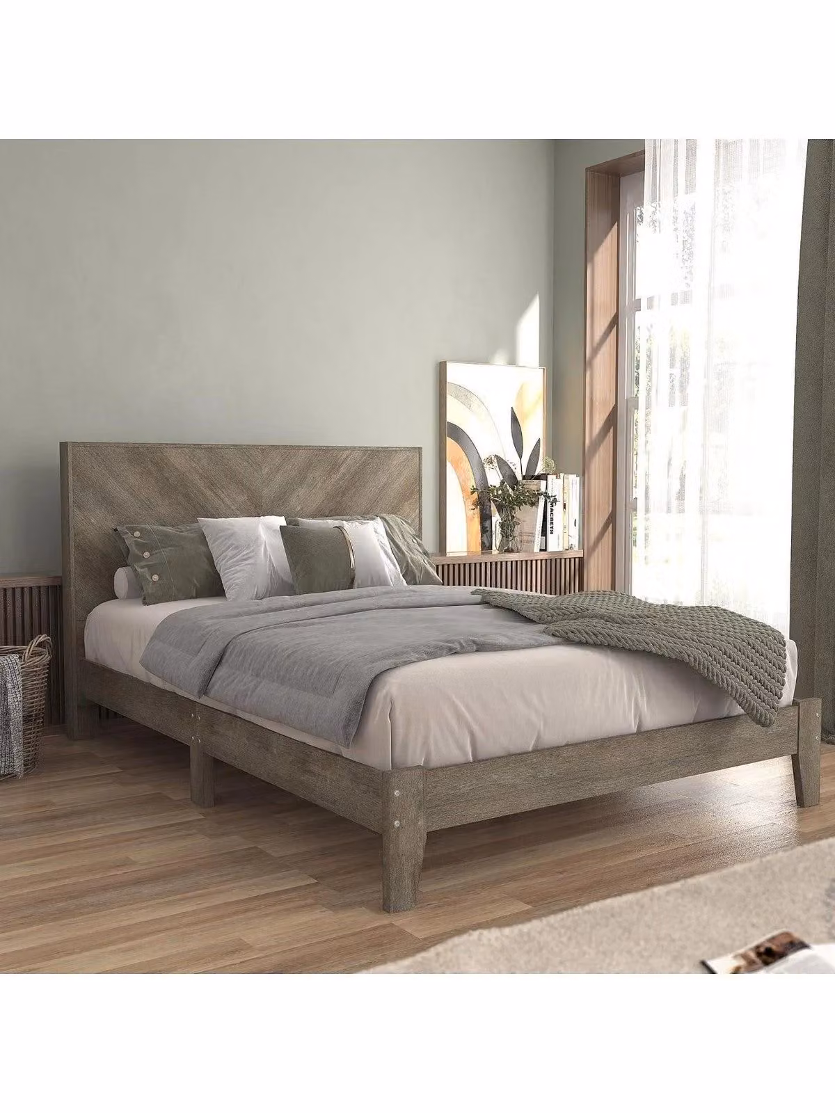 Very Home Grey Rustic Style Bed Frame with Geometric Headboard, W/D/H: 160.3 x 200 x 102.5 cm