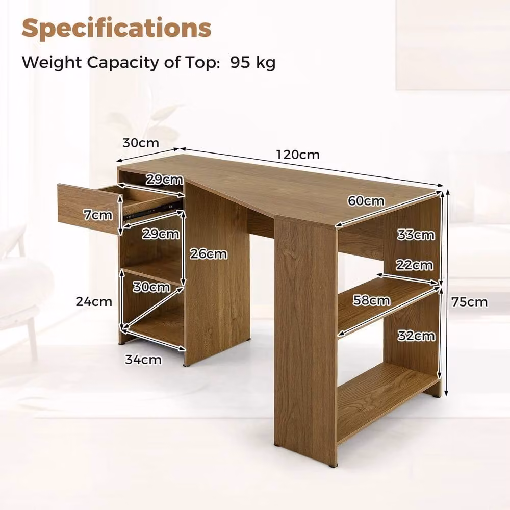 Havendro Compact Corner Executive Desk in Brown with Pull-out Drawer and Open Shelving, W/D/H: 145 x 120 x 75 cm – 2