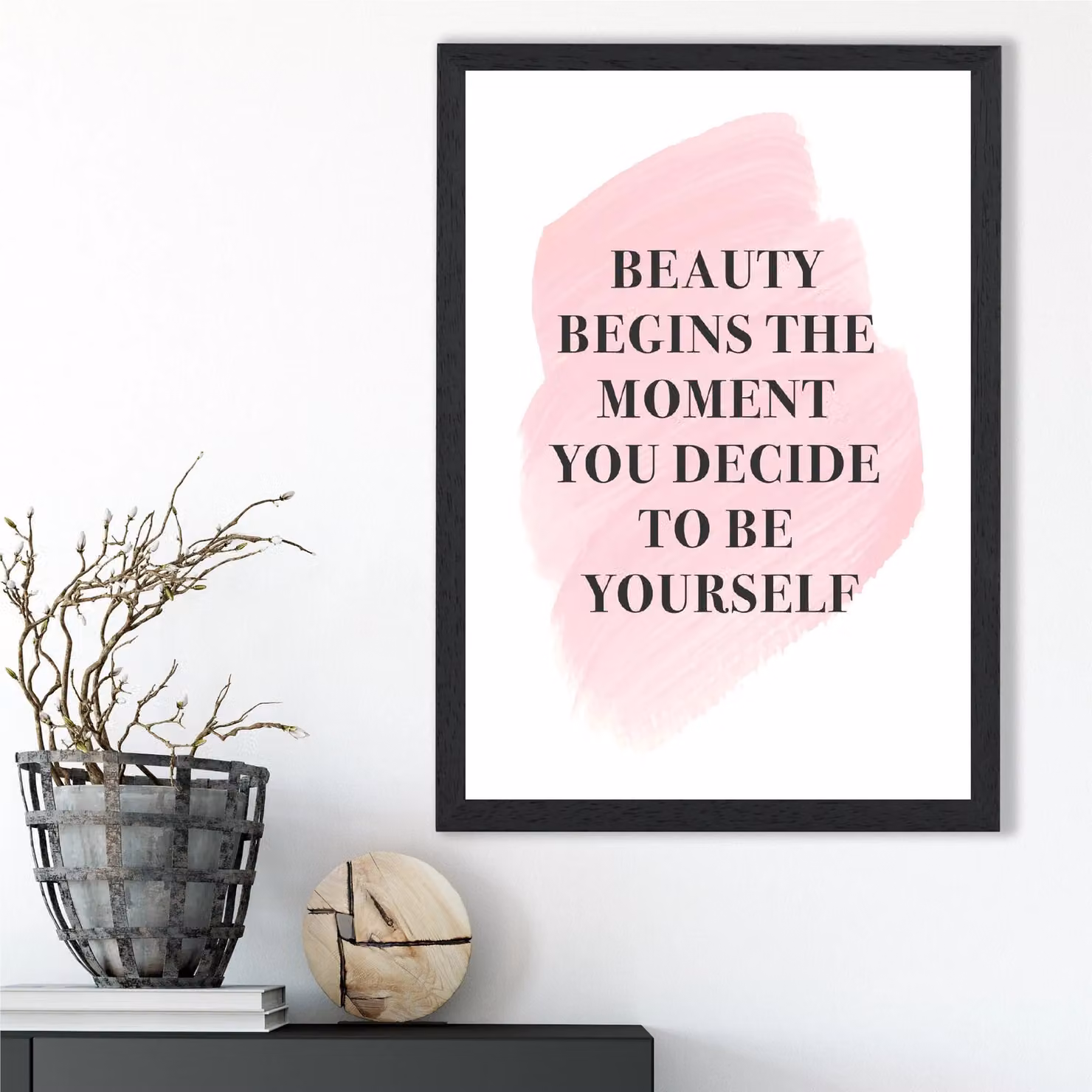 ARTZE Beauty Begins Fashion Quote Framed Print, Pink and Black, A2 – 2