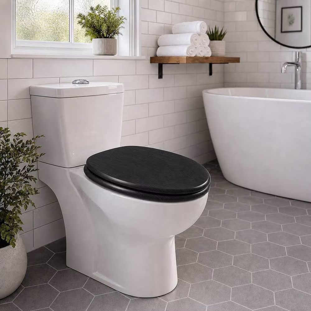 SINOBATH Universal Oval MDF Toilet Seat with Soft-Close and Antibacterial Finish, Black, W: 43.5 cm, D: 37.5 cm, H: 5 cm – 6