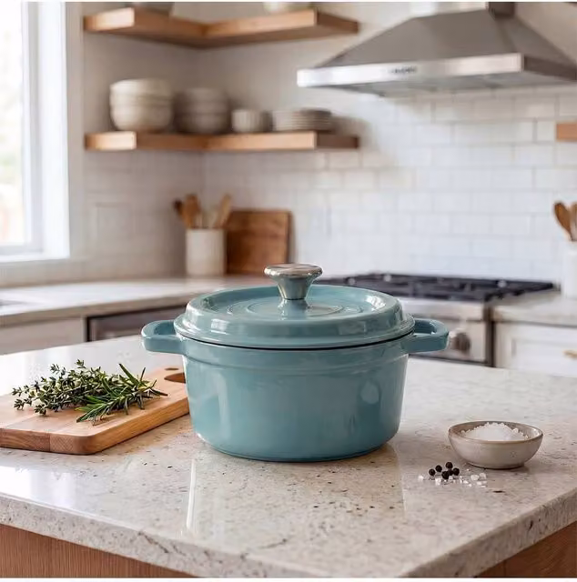 Living and Home Enamelled Cast Iron Dutch Oven Casserole Pot with Glass Lid, Green, 5 l
