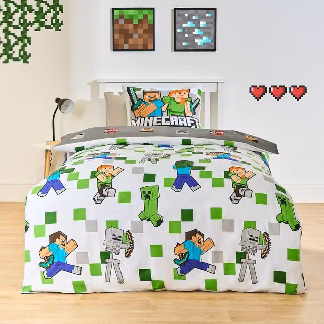 OHS Kids Minecraft Reversible Graphic Duvet Cover Set in Grey and Multicolour, W/H: 90 x 200 cm