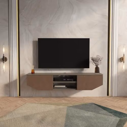 Decorotika Hera Floating TV Stand in Brown with Open Shelves and Cabinets, W: 150 cm, D: 29.5 cm, H: 32 cm