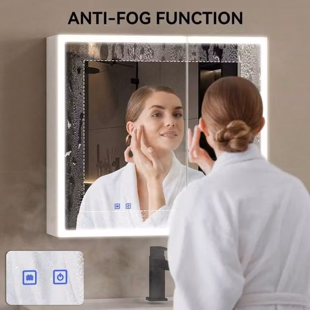 FORGEVIO Modern White Double Door Bathroom Mirror Cabinet with Integrated LED Lighting and Shaver Socket – 1