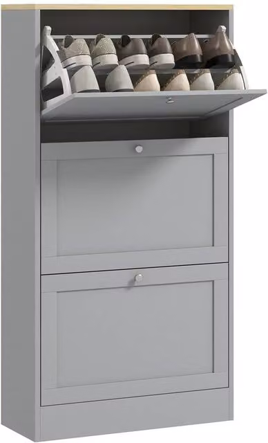 KORVIXA Modern Slim Shoe Storage Cabinet with 3 Tilting Compartments in Grey W/D/H: 100 x 100 x 30 cm – 1