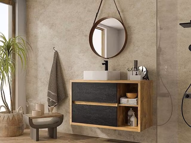 Vente-unique Wall-Mounted Bathroom Unit in Light Oak and Anthracite, W: 100 cm, D: 45.5 cm, H: 60 cm