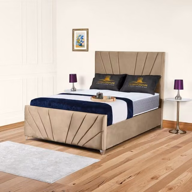 UK Bed Furniture Sunrise Slatted Base Upholstered Velvet Bed in Beige, Super King, W/D/H: 200 x 200 cm – 1