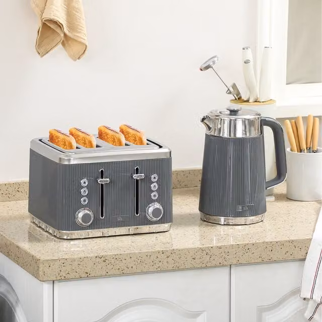 HOMCOM Rapid Boil Kettle 1.7L and 4 Slice Toaster Set with Crumb Tray, Grey
