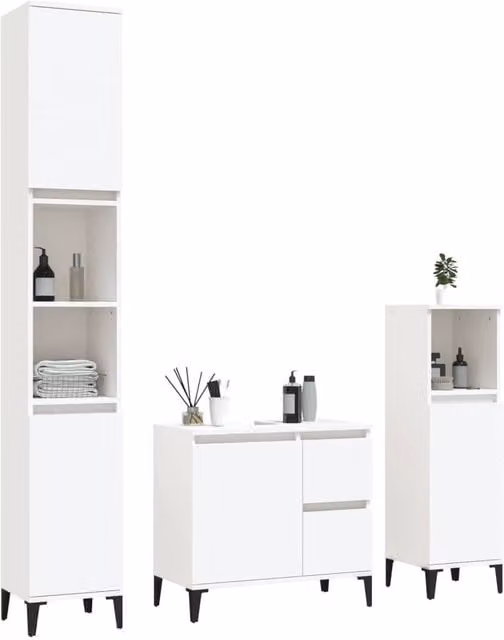 Berkfield Home Modern 3 Piece White Bathroom Cabinet Set with Vanity, Tall and Side Units – 1