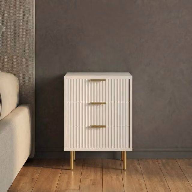 OHS Ribbed 3-Drawer Bedside Cabinet in Cream Engineered Wood Nightstand – 1