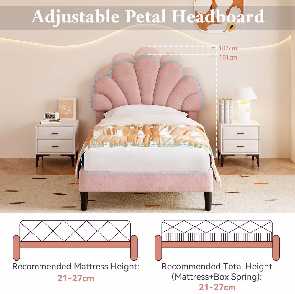 STILVORA Single Upholstered Velvet Bed Frame with Adjustable Headboard in Pink – 3