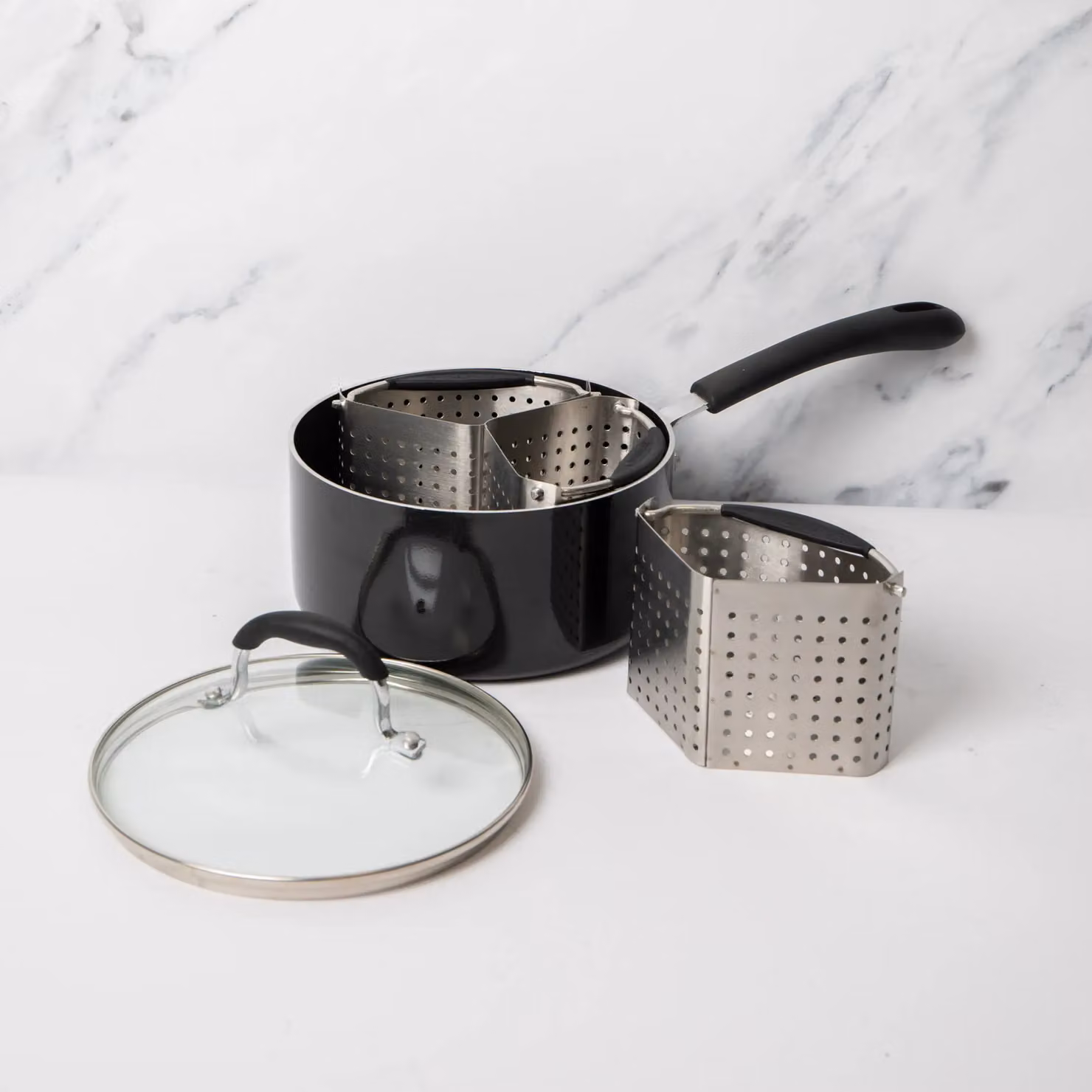 MasterClass 4pc Saucepan Bundle including 20cm Heavy Duty Non-Stick Saucepan with Lid and 3x Stainless Steel Saucepan Divider Baskets in Black and Multicolour – 2