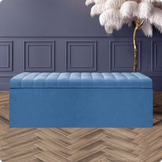 R&M Furnishers Safar Ottoman Storage Box, Striped Plush Velvet Upholstered Blanket Chest and End of Bed Bench in Duck Egg Blue