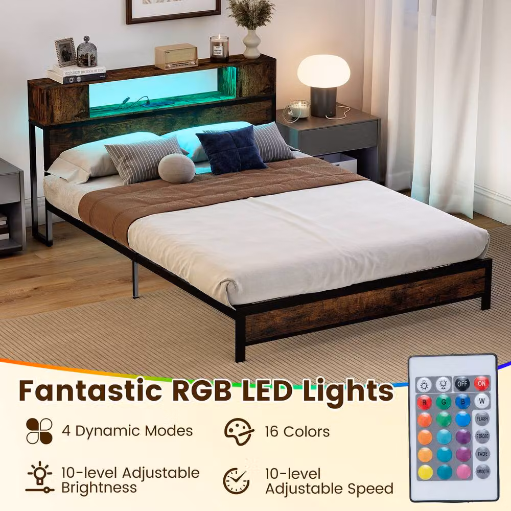 Costway Double Size Metal Platform Bed Frame in Brown with LED Lights, USB Charging Port and Side Compartments, W/D/H: 140 x 200 cm – 5